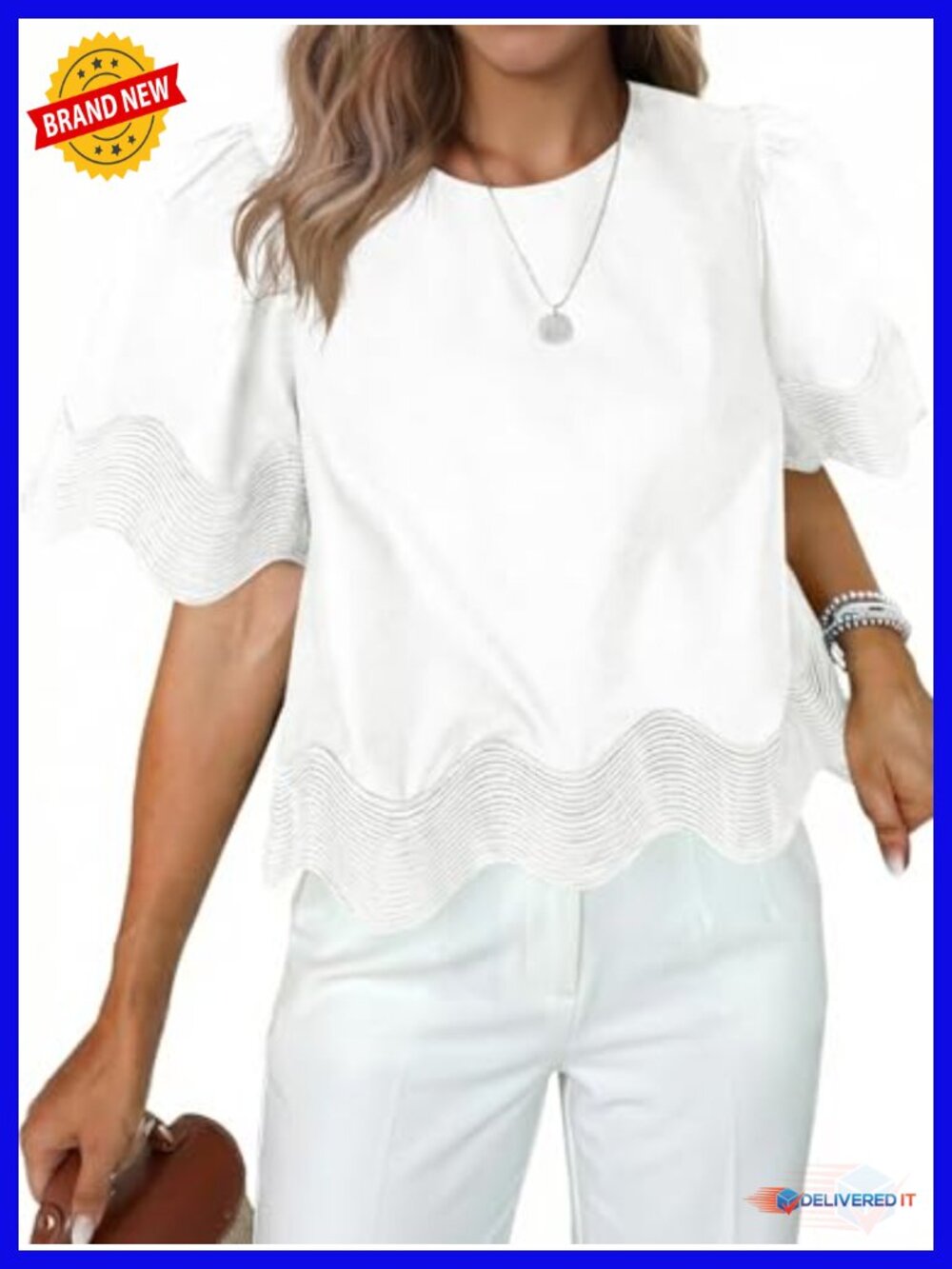 Women's Crop Top Ruffle Scallop Blouse Flowy Summer Loose
